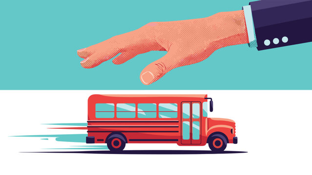 Conceptual illustration showing a giant hand reaching down to pick up a small red school bus on a split background.