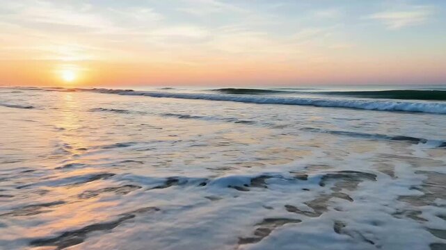 Experience the serene beauty of a tropical beach at the cusp of dawn or dusk, where the sky explodes in a magnificent display of oranges, pinks, and purples. Gentle waves lap softly onto a pristine sa