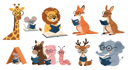 Obraz premium Cute Smart Animals Reading Books Illustration Set with Giraffe Lion Elephant Fox and Kangaroo Wearing Glasses