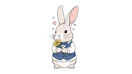 Obraz premium Adorable rabbit character wearing dapper blue suit and bow tie holding yellow daisy flower surrounded by floating pink hearts.