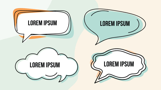Selection of hand-drawn speech bubbles in various shapes with placeholder lorem ipsum text for creative writing and web design mockups.