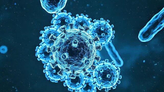 Neon Blue Virus Pathogens and Rod-Shaped Bacteria in Microscopic Environment 3D Animation