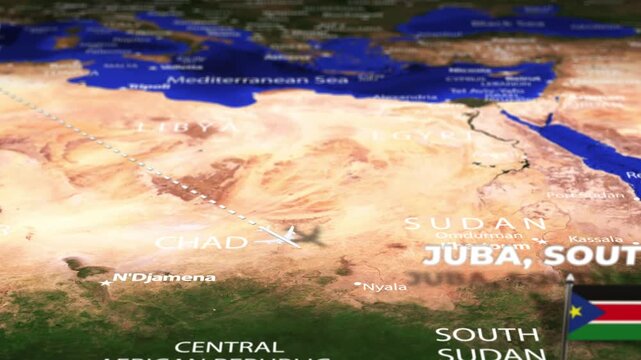 Flight From Algiers ALGERIA to Juba SOUTH SUDAN with flag pins