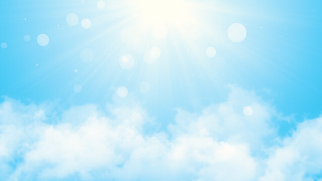 blue sky with clouds and sun rays with shiny bokeh lights ,nature weather spring and summer sunny day time social media background