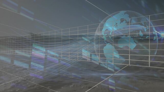 Animation of moving columns and globe over sea