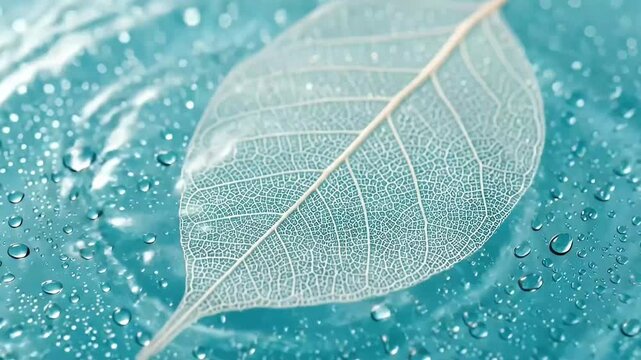 This macro shot reveals the exquisite detail of a translucent leaf skeleton, its delicate network of veins beautifully illuminated. It rests gently on a pristine surface of turquoise-blue water, where