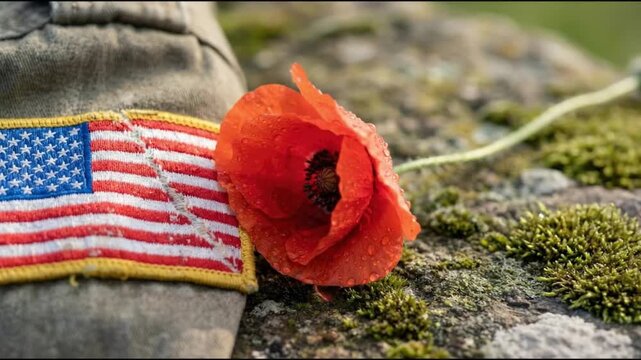 Red Poppy Flower and American Flag Patch on Worn Military Uniform for Veterans Day and Memorial Day Remembrance