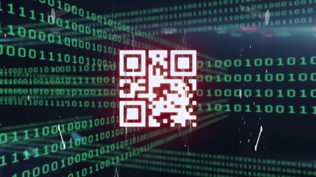 Digital animation of glowing pink qr code against binary coding data processing on black background