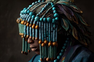 Fototapeta premium Traditional headdress adorned with colorful beads in cultural celebration highlighting historical significance and community identity in various regions