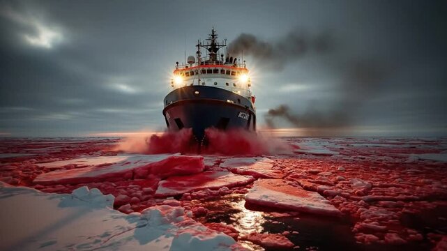 Powerful icebreaker ship forcefully navigating through a dramatic frozen polar sea with striking red-colored ice, symbolizing resilience, exploration, and climate change challenges.
