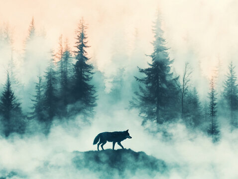 Cartoon artistic image of wolf standing in forest. spirit totem animal. 