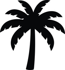 Obraz premium Single palm tree black silhouette with large leaves and thick trunk on transparent background for exotic scenery
