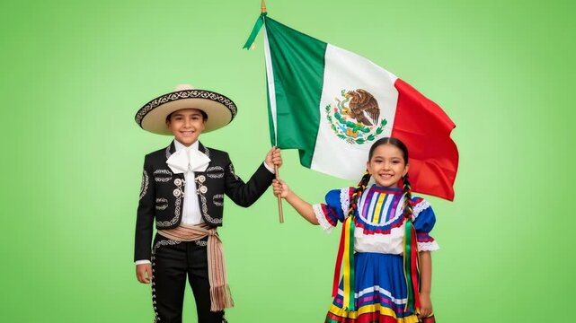Hispanic boy in mariachi suit and girl in traditional dress waving Mexican flag on green screen for patriotic chromakey video