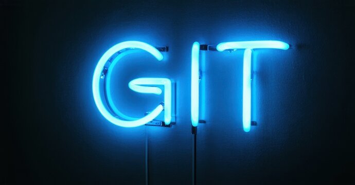 Bright neon sign spells GIT. Blue glow illuminates dark wall. Simple design, modern aesthetic, technology focused imagery.