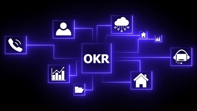 OKR cloud network connecting business goals team collaboration communication growth strategy and innovation with glowing neon blue icons on dark background .4k motion video..