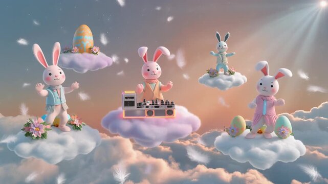 Cheerful cartoon bunnies celebrate Easter joyfully, dancing and DJing on fluffy clouds with falling feathers and decorated eggs.
