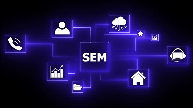 Digital Marketing Cloud S E M Strategy Icons Connected Network Business Growth Teamwork Communication Technology Concept.4k animation motion graphic video.