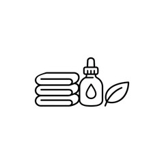Obraz premium Spa amenities icon set black and white vector line illustration with towels essential oil bottle and leaf for luxury building wellness facilities