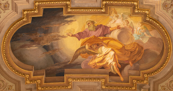 BUSTO ARSIZIO, ITALY - JANUARY 19, 2026: The fresco of Gad the Creator in church Chiesa di San Michaele by Ettore and Mario Chiodo Grandi (1932 - 1934).