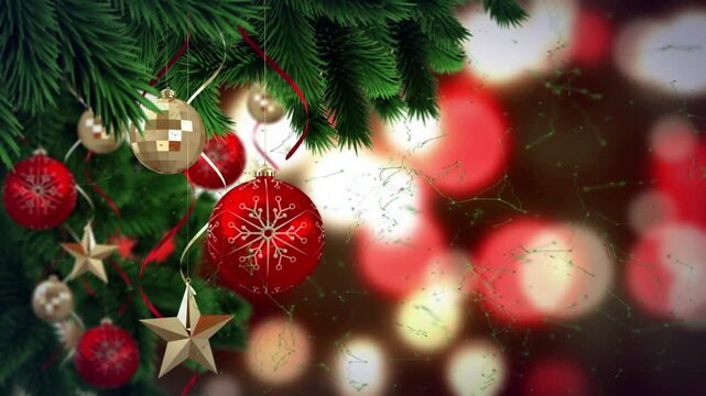 Animation of christmas decoration over falling snow