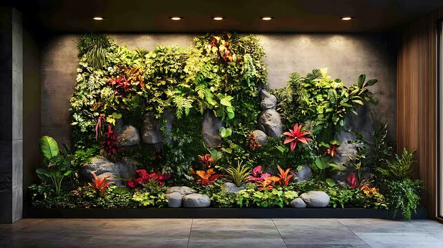 Lush vertical garden installation featuring diverse foliage and rock accents