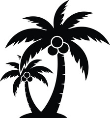 Obraz premium Black silhouette of two palm trees with coconuts, simple isolated graphic on transparent background.