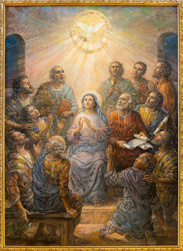 BUSTO ARSIZIO, ITALY - JANUARY 19, 2026: The painting of Pentecost in church Chiesa di San Michaele by S. Crespi (2010).