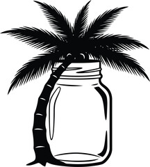 Obraz premium Palm tree growing inside jar, vacation concept, summer tropical vacation, beach party, refreshment drink, holiday travel destination, paradise, nature, illustration