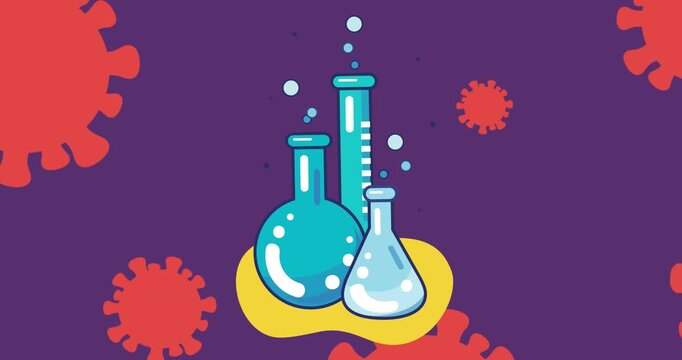 Animation of beakers icons over virus cells on purple background