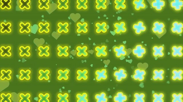 Animation of crosses and falling hearts over green background