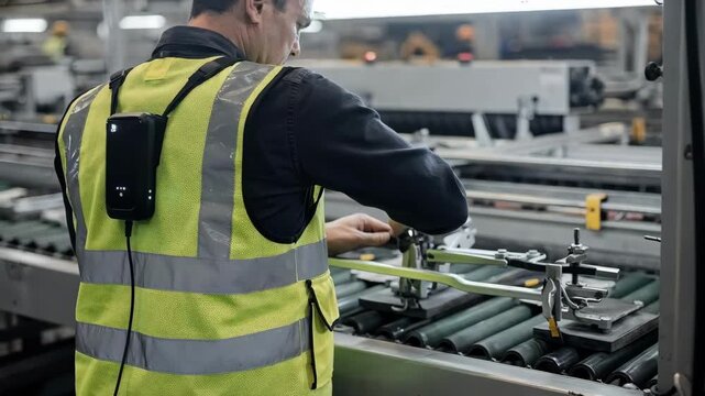 Medium shot of a worker on an assembly line wearing a posture sensor with the device in sharp focus and blurred background highlighting ergonomic tracking in industrial tasks.