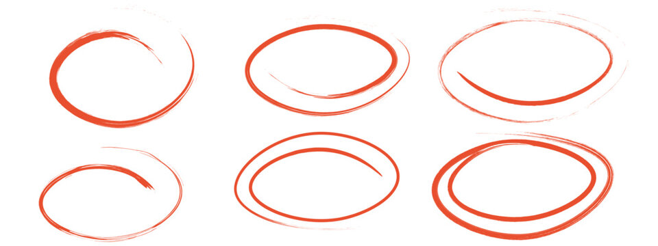 Crayon highlight chalk oval set in red color on white background. Hand drawn circular shapes and frames. Rough textured strokes for natural emphasis marks. Doodle ellipse design elements. Eps10
