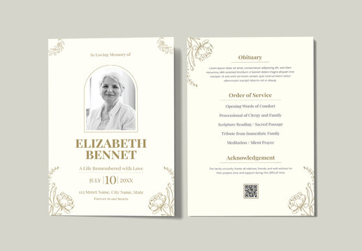 Minimalist Funeral Program Template with Floral Illustration