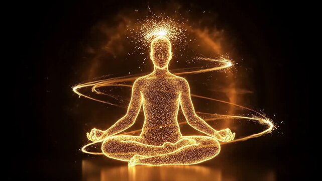 A human in spiritual meditation, surrounded by chakra energy, practicing yoga for soul enlightenment, in a serene ambiance
