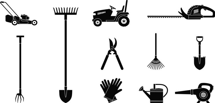 Gardening and landscaping tool silhouettes including lawnmower, rake, hedge trimmer, shovel, gloves, watering can, and leaf blower for outdoor maintenance and lawn care illustration