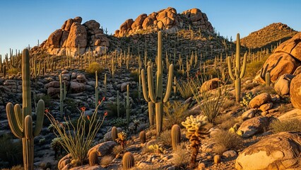 Golden Hour Light Illuminates Saguaro Cacti and Rugged Mountains in Sonoran Desert Landscape.