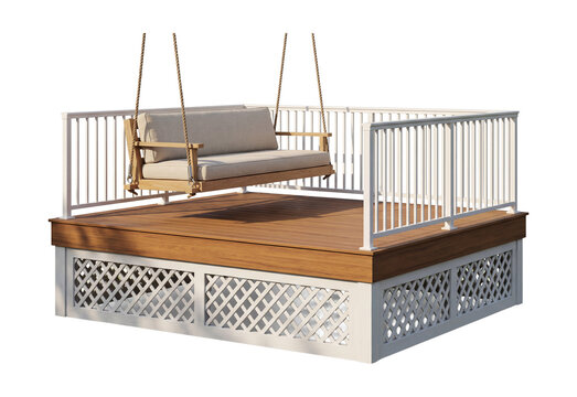 Raised porch with lattice skirting and a swing.