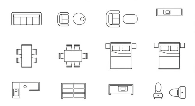 Collection of furniture icons top view architectural drawings.
