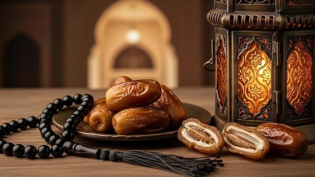 A beautifully composed still life showcasing traditional elements on a rustic wooden surface. A plate piled high with sweet, succulent dates takes center stage, with several dates sliced open to revea