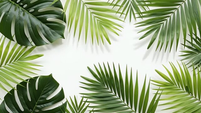 A beautifully composed tropical background featuring vibrant green monstera and palm leaves framing a pristine white space. Subtle, soft leaf shadows gently shift and dance on the clean surface, creat