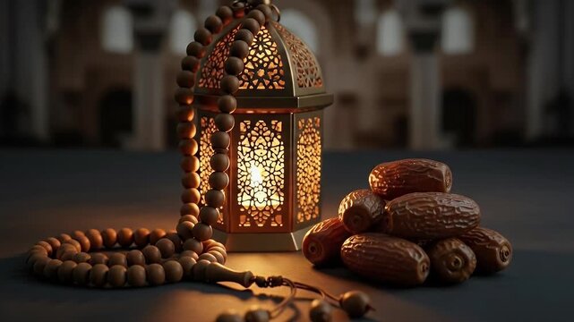 A beautifully illuminated ornamental lantern, featuring intricate patterns, casts a warm, inviting glow, creating a serene and festive atmosphere. Next to it, a string of polished wooden beads lies gr