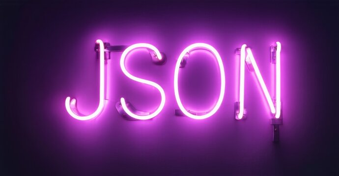 Bright pink neon sign spells JSON. Dark background provides strong contrast, simple design focuses attention on text.
