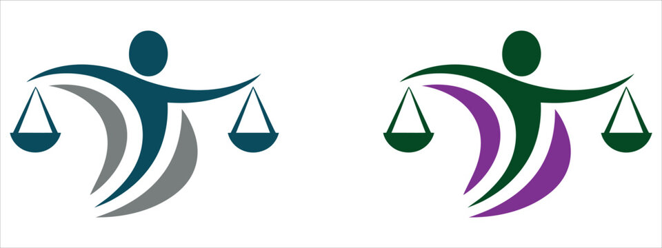 Modern justice scales logos with human figures in balance vector illustration.
