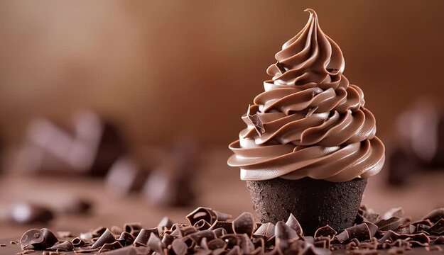 Perfect chocolate frosting swirl in spiral cone shape standing on surface, chocolate shavings scattered around base, brown gradient background