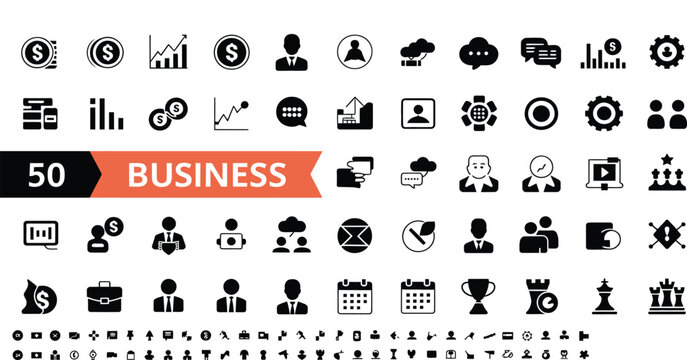 vector of 50 business and financial solid glyph icons set 48x48 pixel.