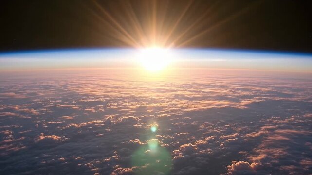 A breathtaking, expansive view from high above the planet's surface, capturing a brilliant sunburst radiating over a vast, undulating sea of clouds. The soft curve of the horizon sharply delineates th