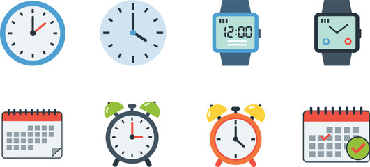 Obraz premium Timekeeping and scheduling icons including analog clocks, digital wristwatch, smartwatch, calendars, and alarm clocks representing modern tools for managing time, reminders, and daily organization