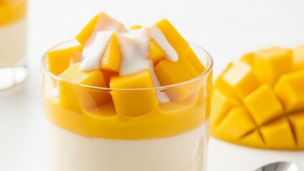 A vibrant closeup of mango pudding in a glass topped with fresh mango and creamy white sauce