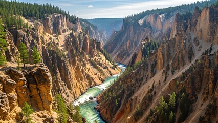 Grand Canyon of the Yellowstone River with Lush Green Trees.