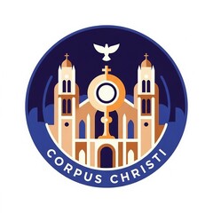A circular emblem showcasing the corpus christi cathedral with a dove above in a flat design
